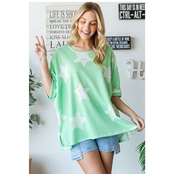 HOPELY Boutique Mint Green Star Print Pattern Oversized Waffle Knit Top Medium - Picture 2 of 6